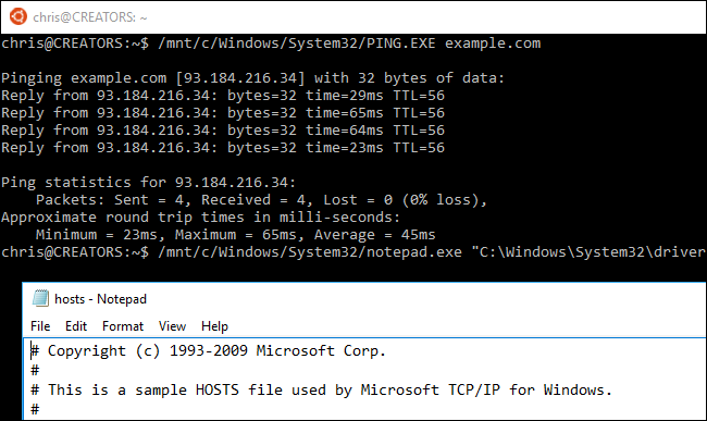 Блокнот Windows, открывающий hosts файл через Bash