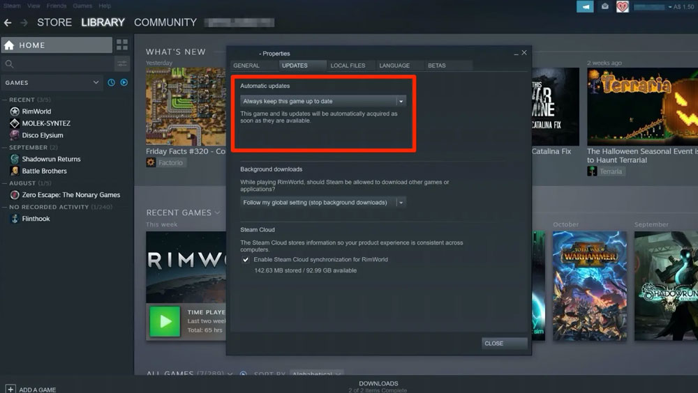 Asegurarse de que el juego esté actualizado en Steam