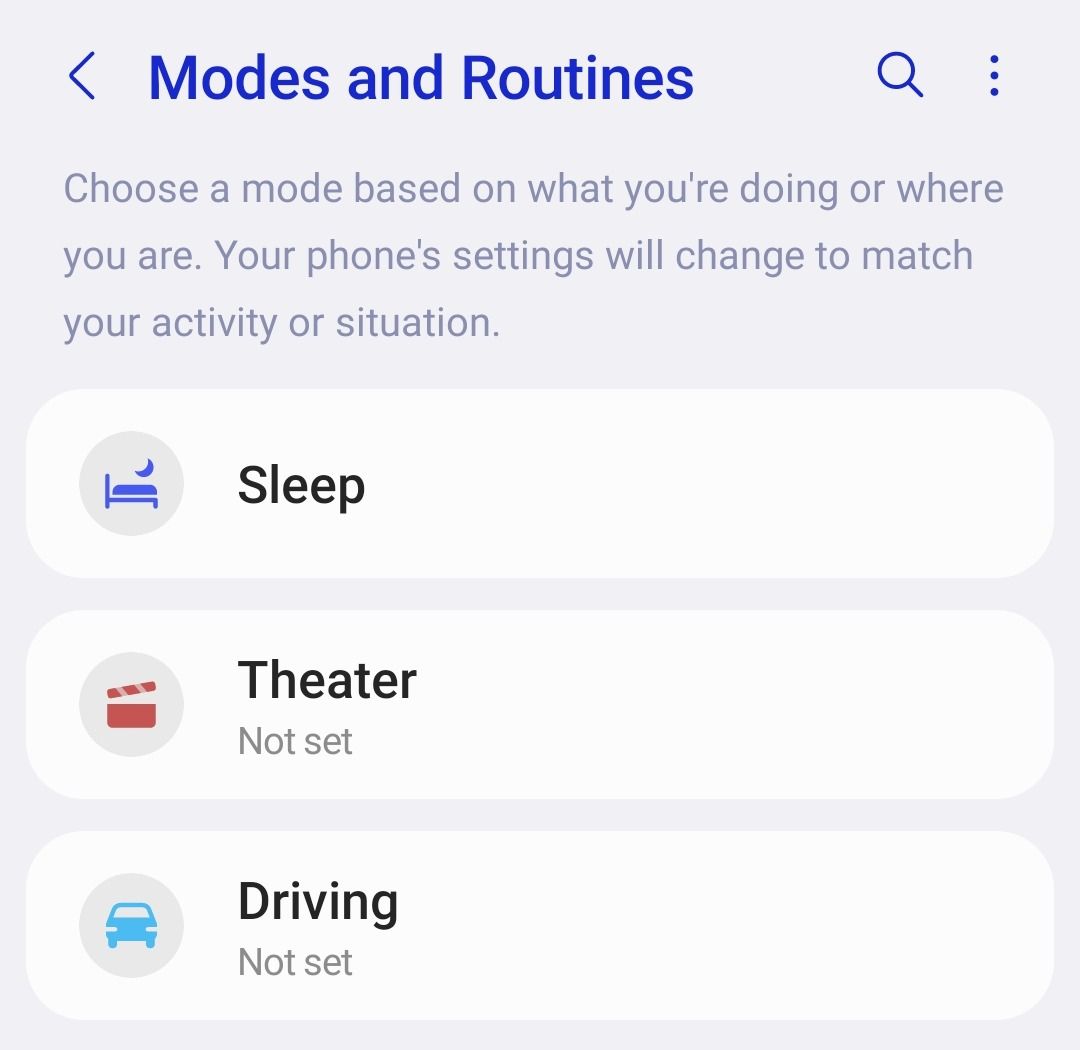 Список предустановленных режимов на Samsung.