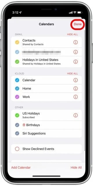 Экран iPhone: кнопка Готово в приложении Календарь