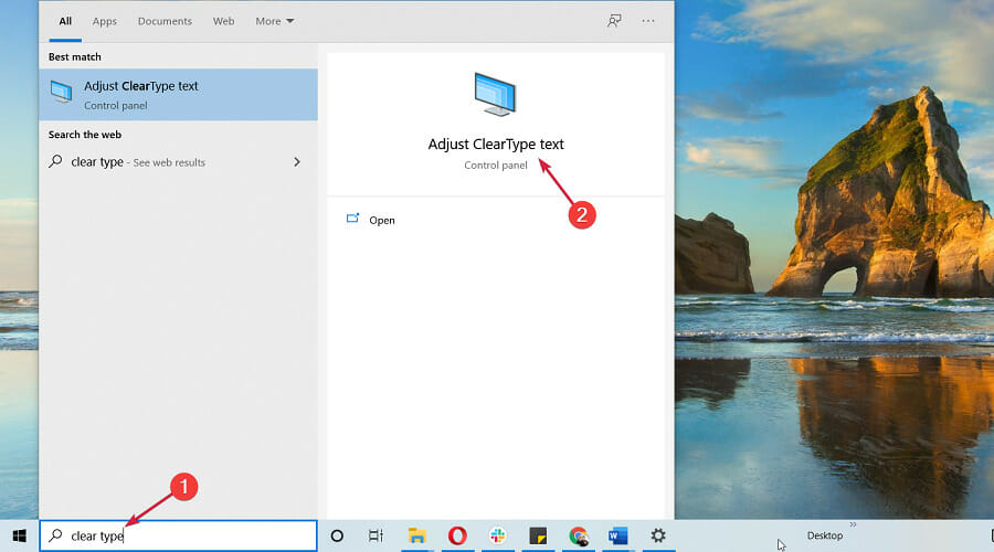 Ввод «ClearType» в поиске Windows