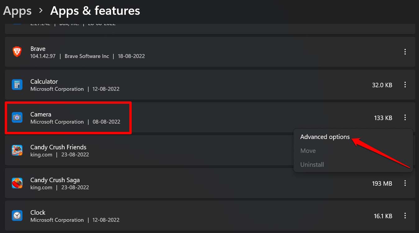 Дополнительные параметры приложения Камера в Windows 11