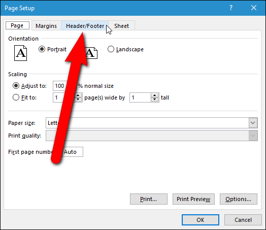 Вкладка Колонтитулы в диалоге Параметры страницы