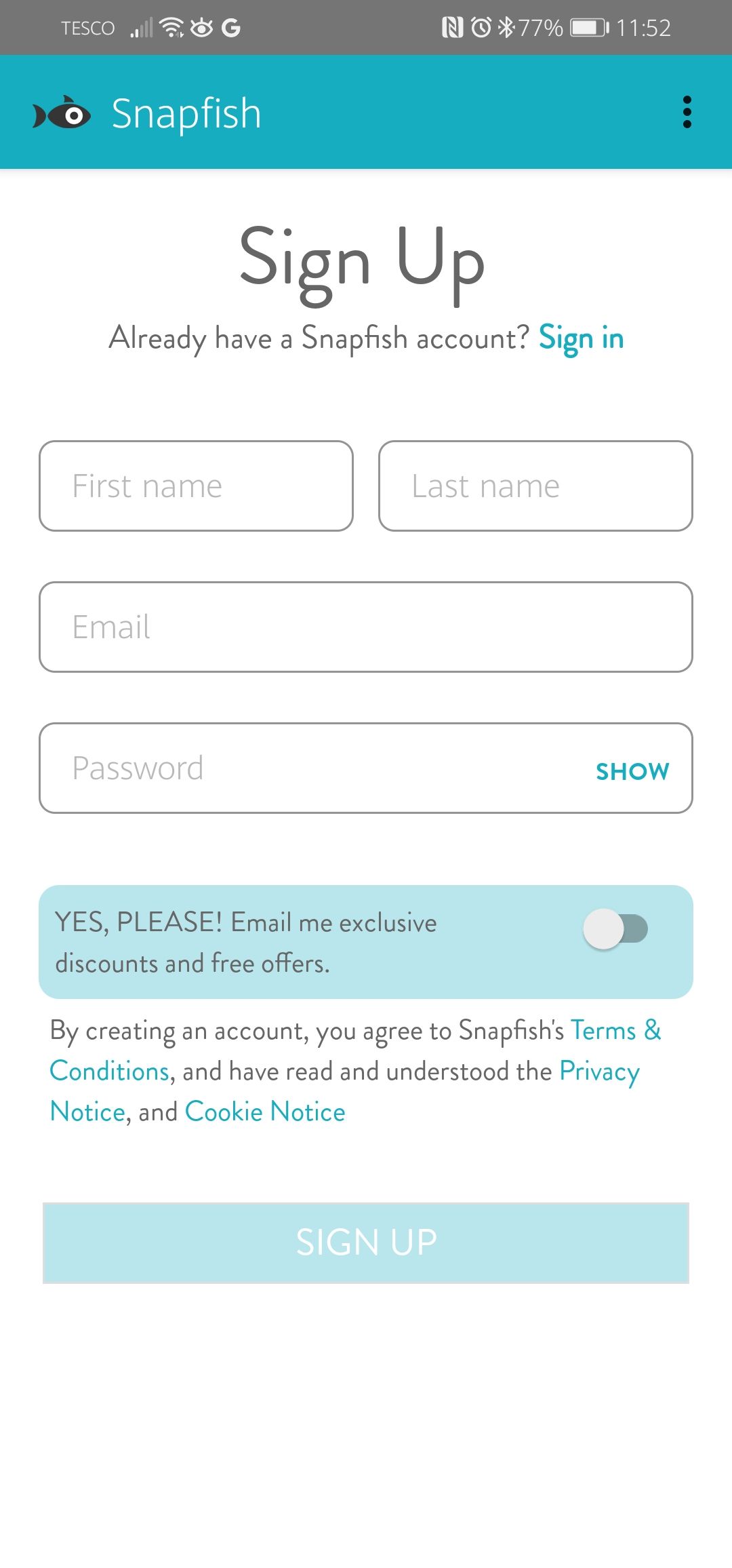 Регистрация в Snapfish