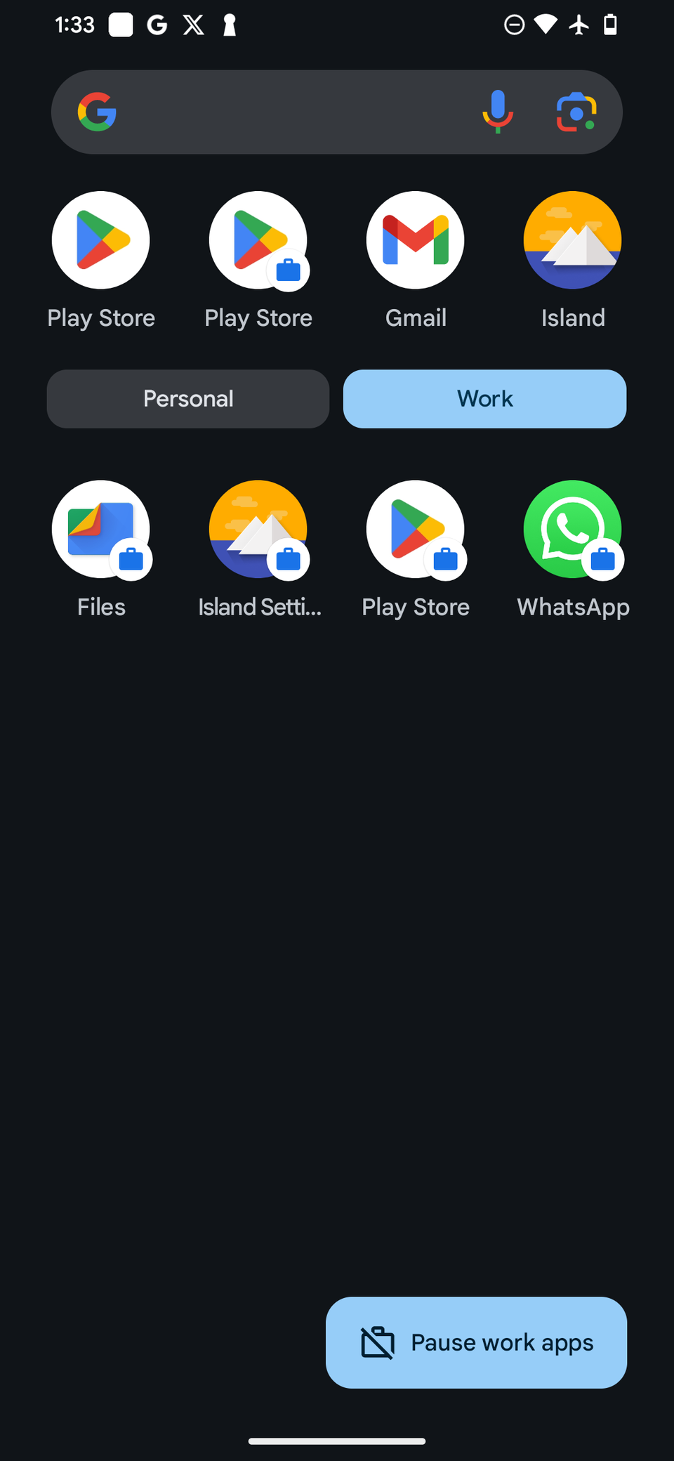 Ярлык рабочего профиля в списке приложений Android