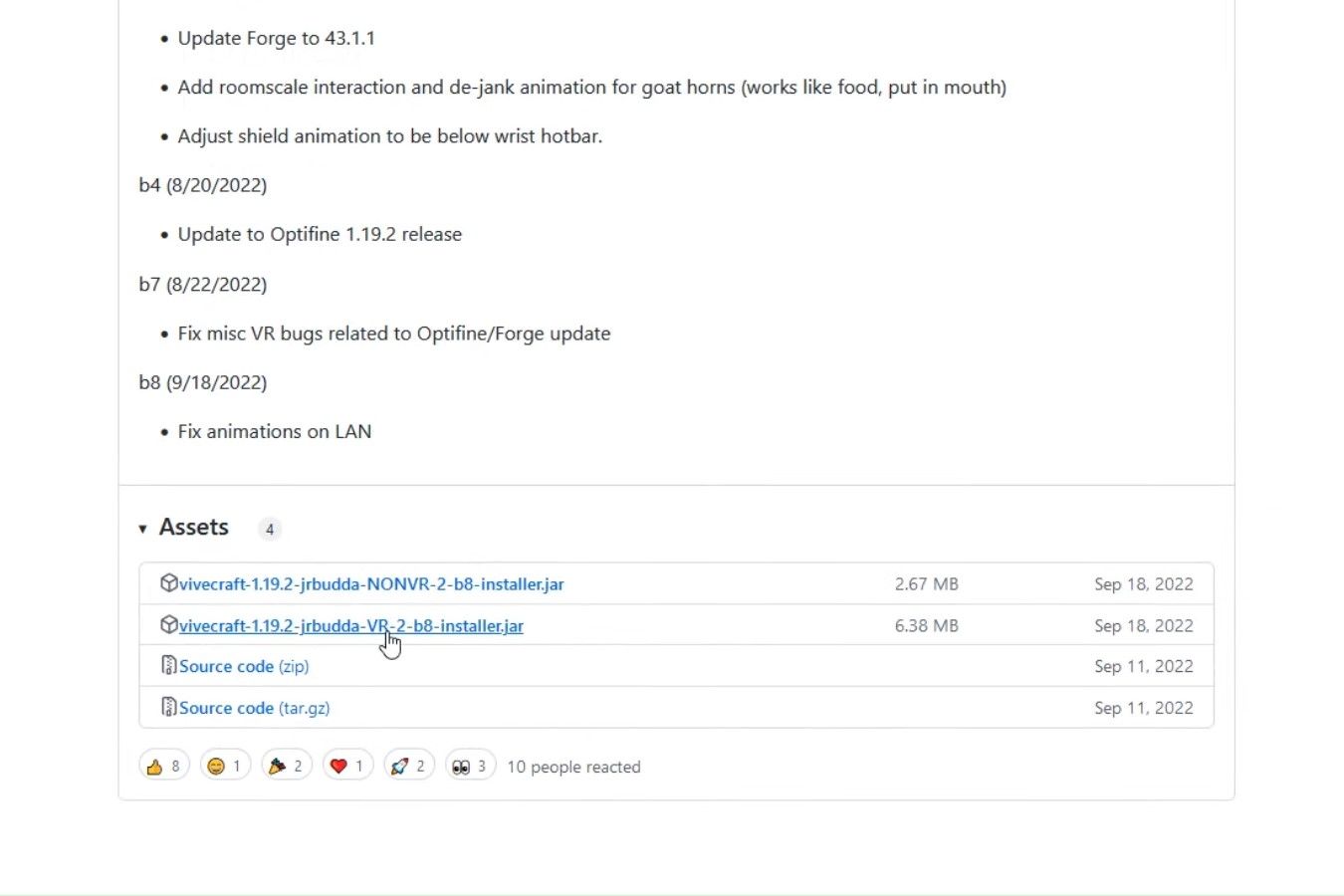 Выбор VR-версии мода Vivecraft