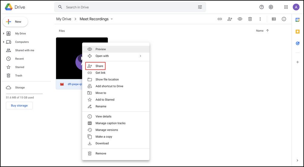 Share option in the context menu