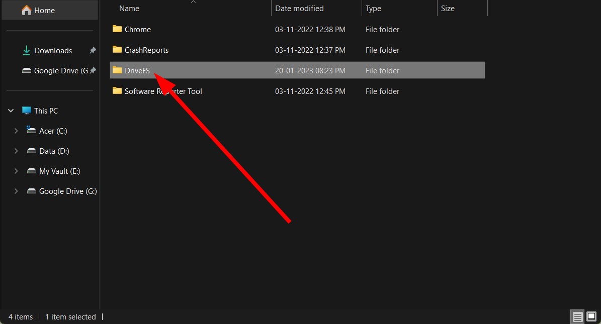 Папка DriveFS в локальных данных Google