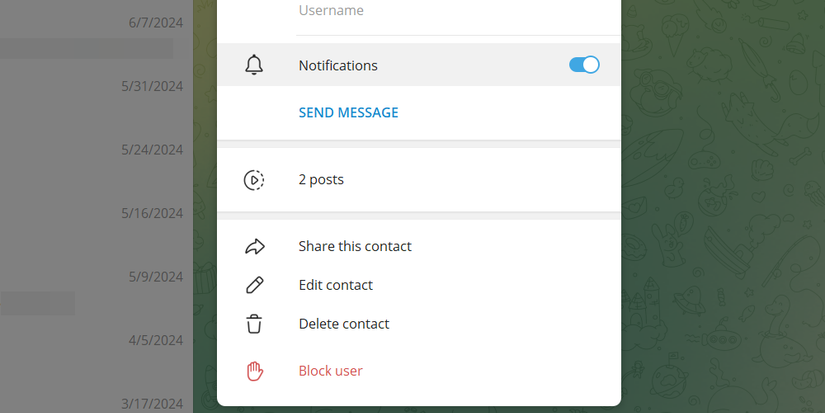 Удаление контакта в Telegram на рабочем столе