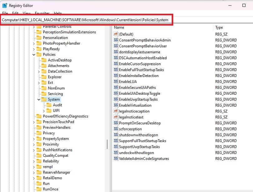 Навигация к разделу в редакторе реестра.