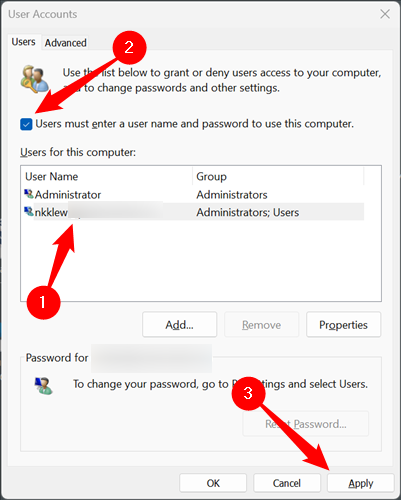 Выбор аккаунта в окне 'Учетные записи пользователей' и снятие флажка.