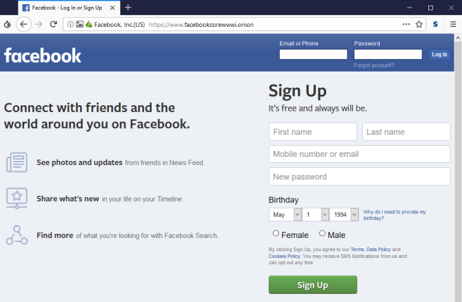 Экран входа Facebook на .onion‑адресе в Tor Browser