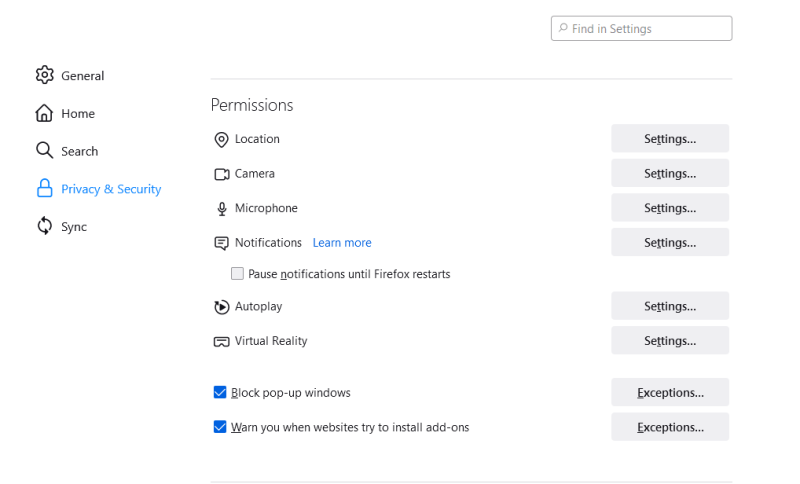 Список сайтов с разрешениями камеры и микрофона в настройках Firefox