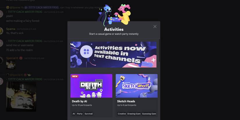 список активностей Discord с превью