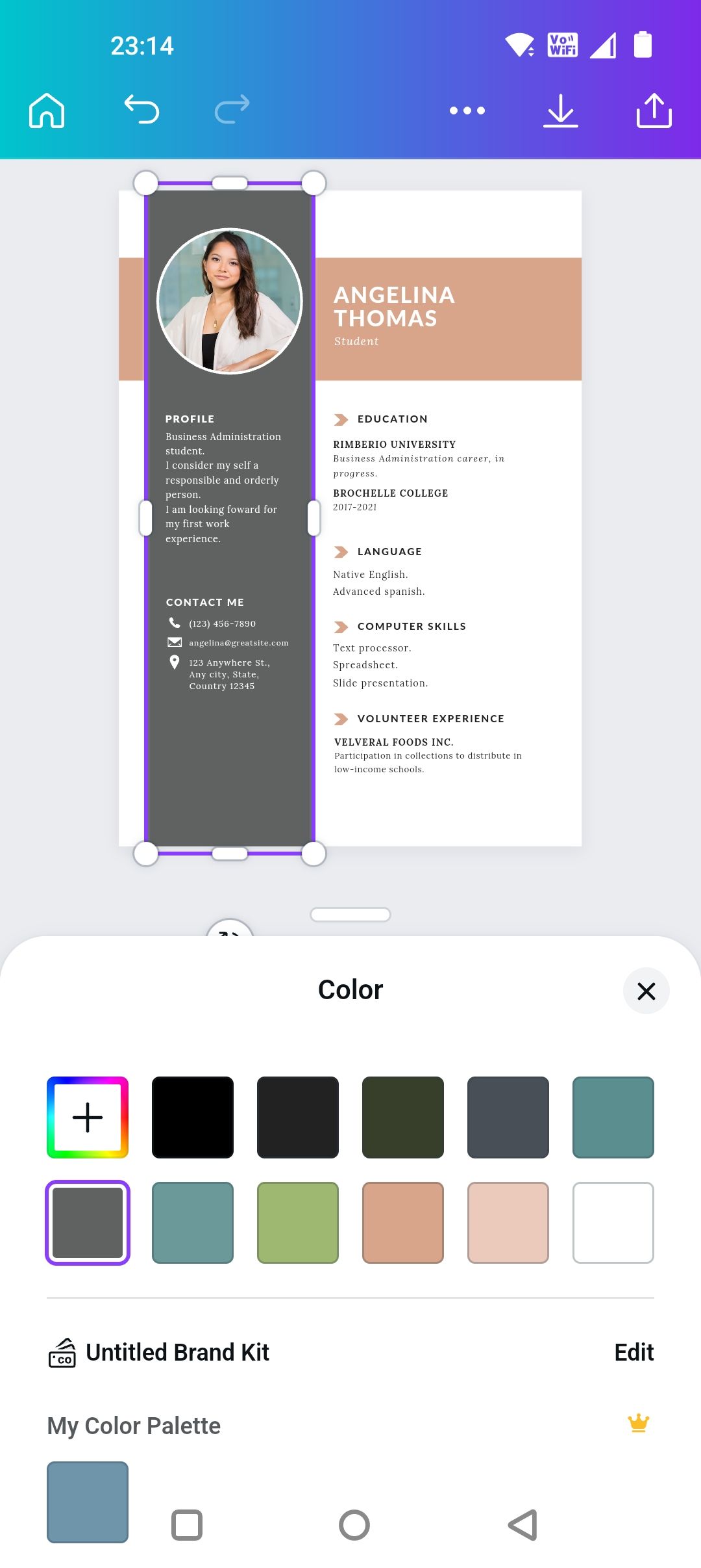 Изменение цвета резюме в приложении Canva