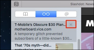 Удаление статьи из Reading List на Mac — крестик в списке