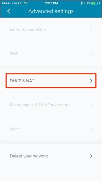Раздел DHCP и NAT в приложении Eero