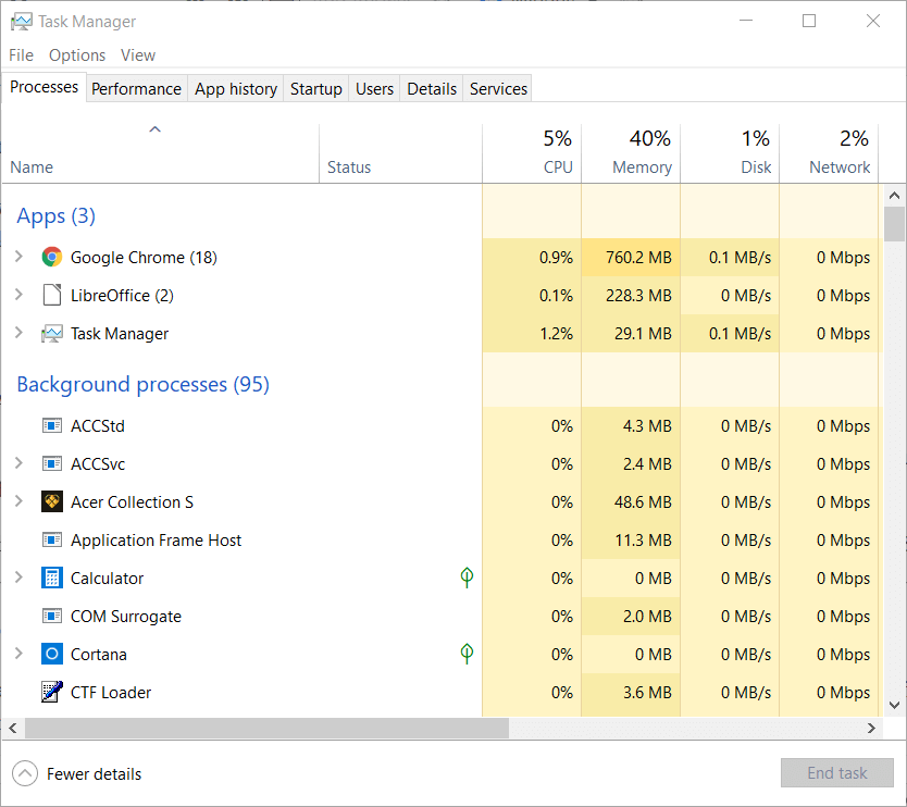 Окно Диспетчера задач, показывающее процессы Outlook и Skype