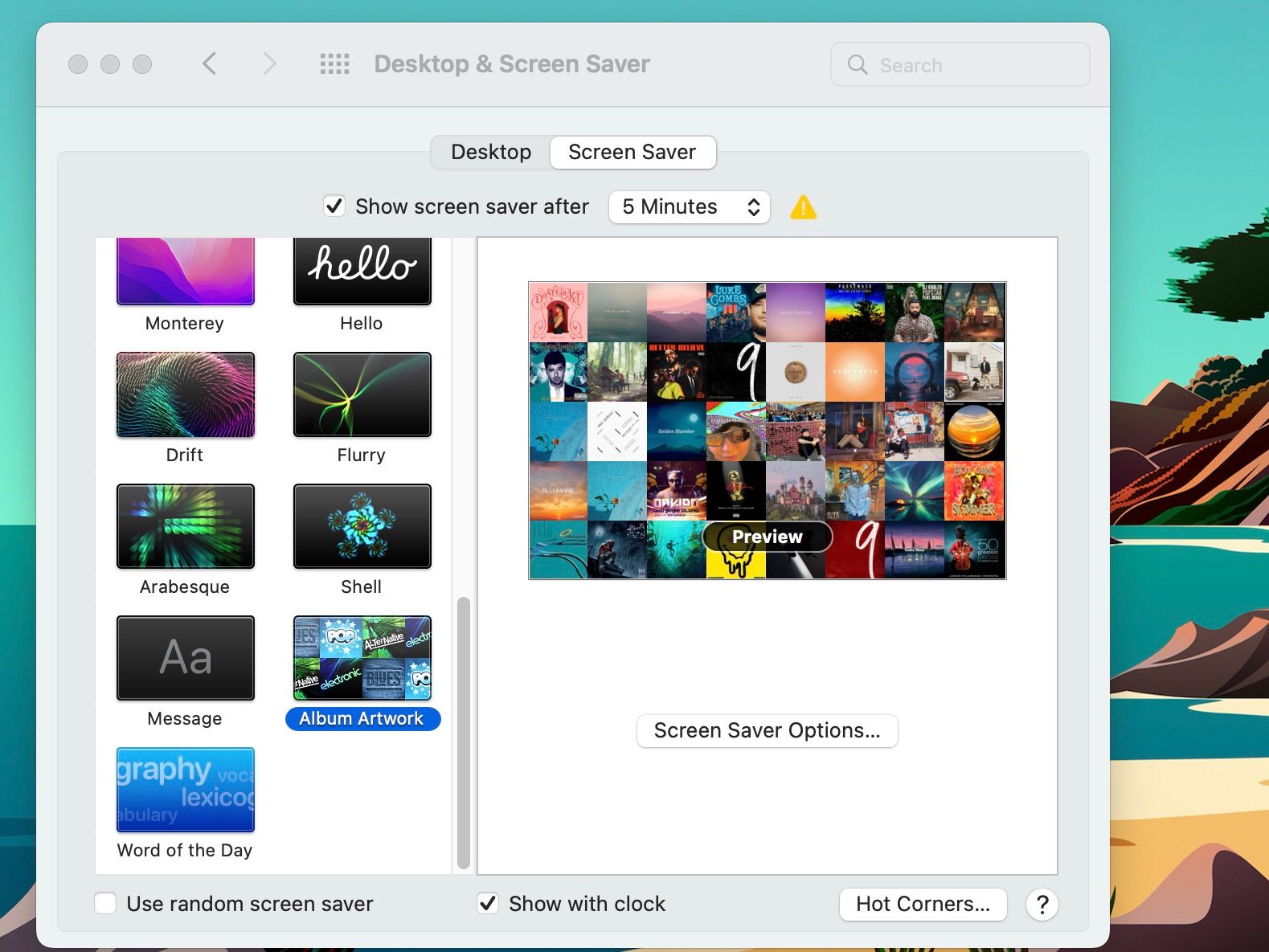 Screen Saver Pane in System Preferences 
