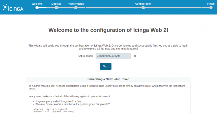 Мастер установки Icinga Web 2 — страница ввода токена