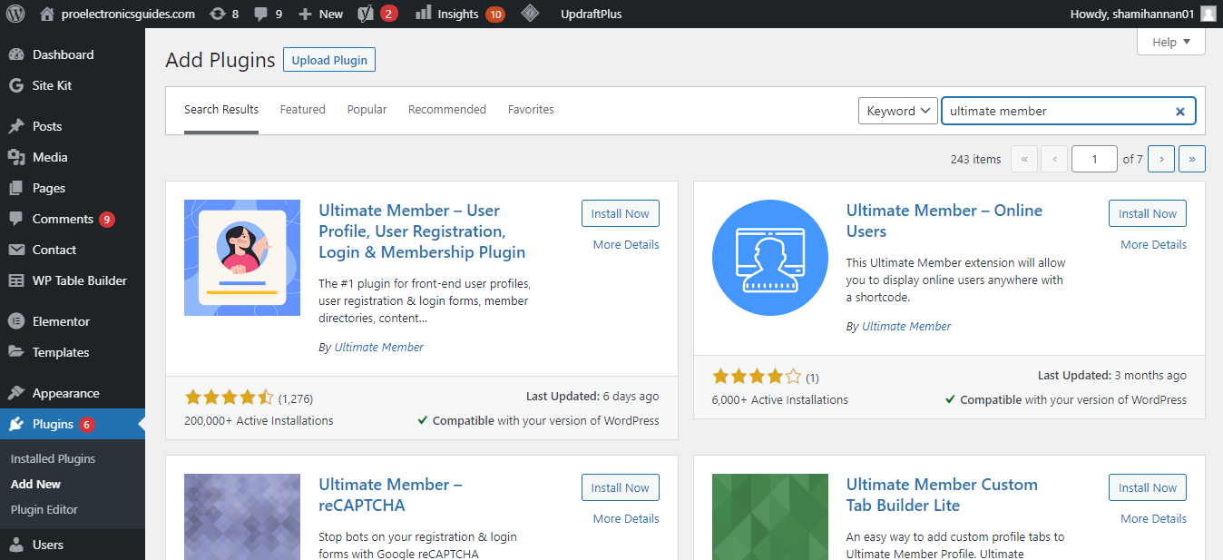 Поиск и добавление плагина Ultimate Member в каталоге плагинов WordPress