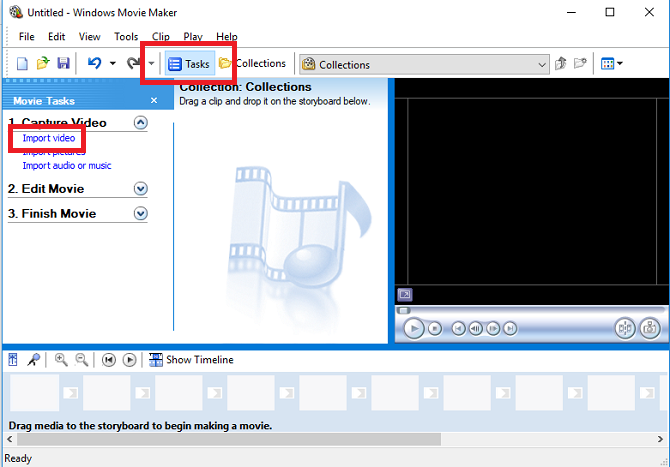 Окно импорта видео в Windows Movie Maker