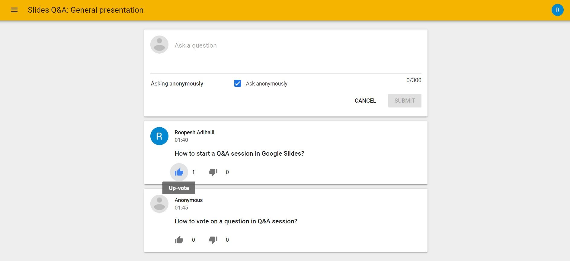 Google Slides Q&A Session Ask Question Link Window Up-Vote or Down-Vote