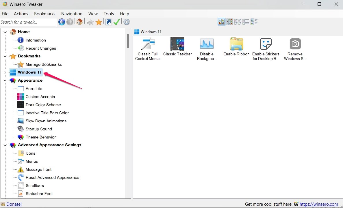 Категория Windows 11 в боковой панели Winaero Tweaker