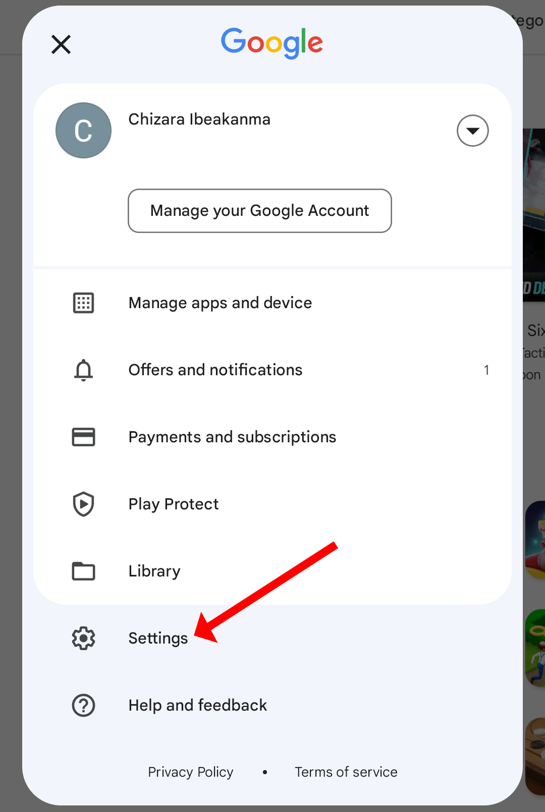 Меню Google Play Store с выделенным пунктом «Настройки».
