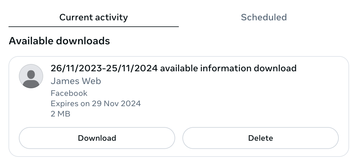 Информация, доступная для скачивания в Facebook.