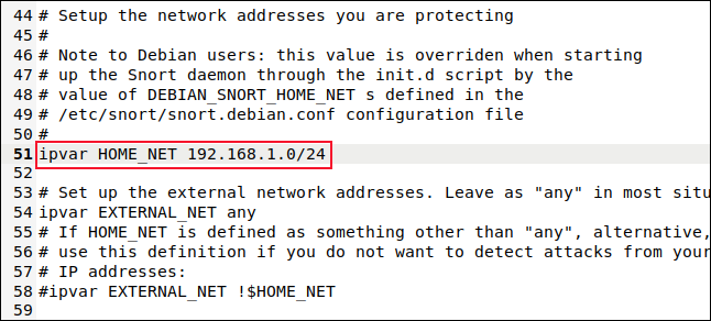 Файл snort.conf открыт в редакторе gedit, показан блок с HOME_NET