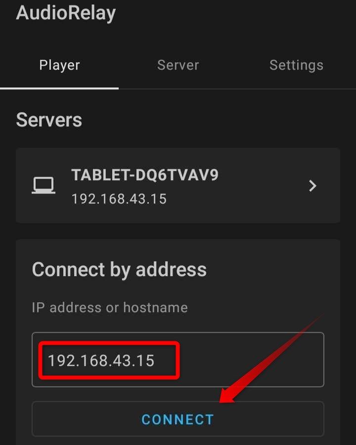 Ввод IP адреса ноутбука в приложении AudioRelay на Android.