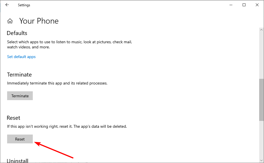 Кнопка Сброса приложения Your Phone