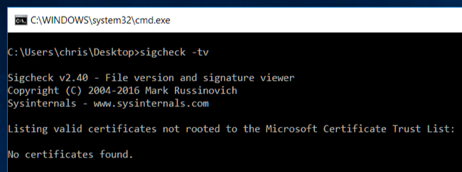Пример вывода sigcheck с указанием найденных сертификатов