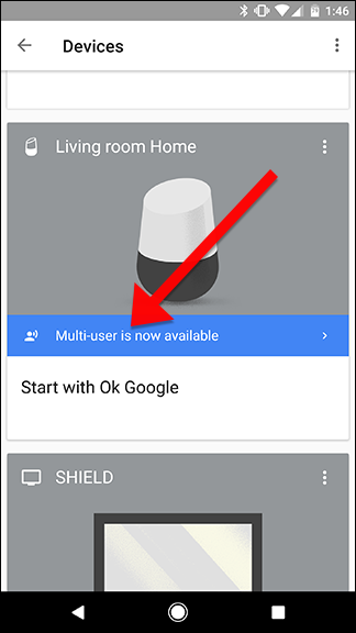 Панель в приложении Google Home с уведомлением о доступности режима нескольких пользователей