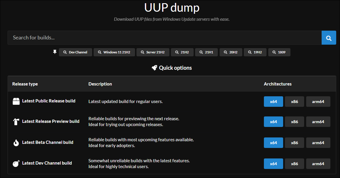главная страница UUP Dump с элементами поиска