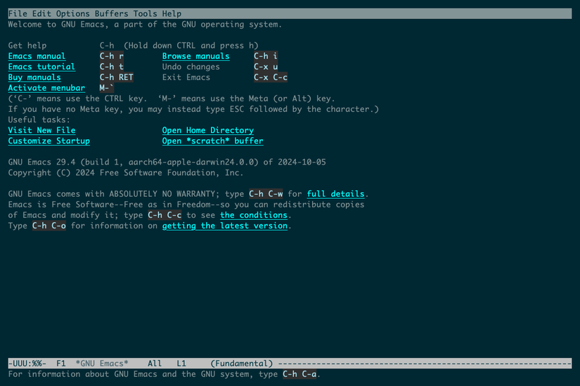 Editor de texto GNU Emacs aberto em um terminal.