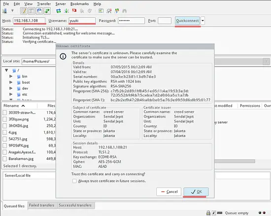 Запрос подтверждения SSL-сертификата в FileZilla