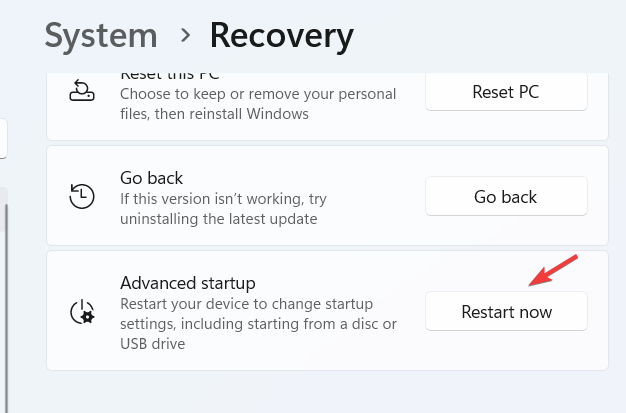 Выбор устранения неполадок в среде восстановления