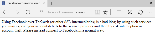 Предупреждение на .onion сайте Facebook о Tor2web