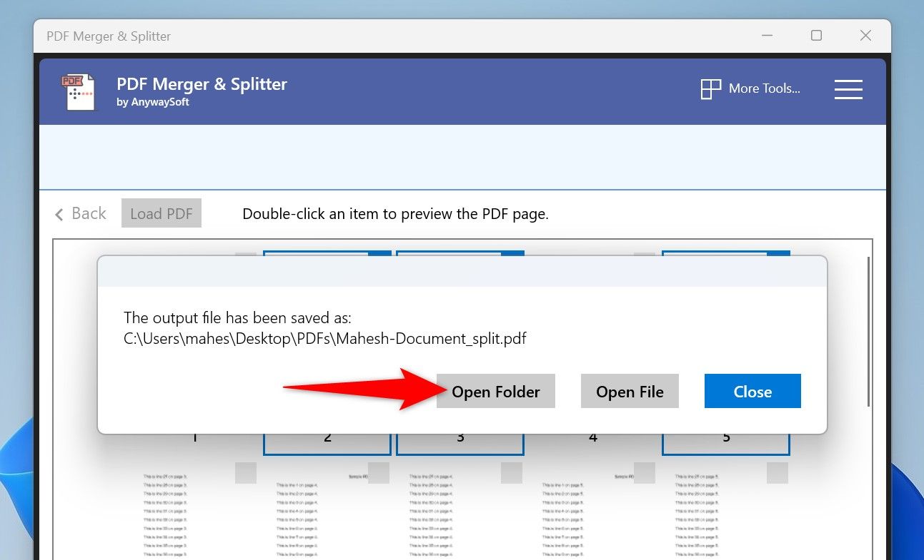 Кнопка Open Folder подсвечена в приложении после завершения операции.