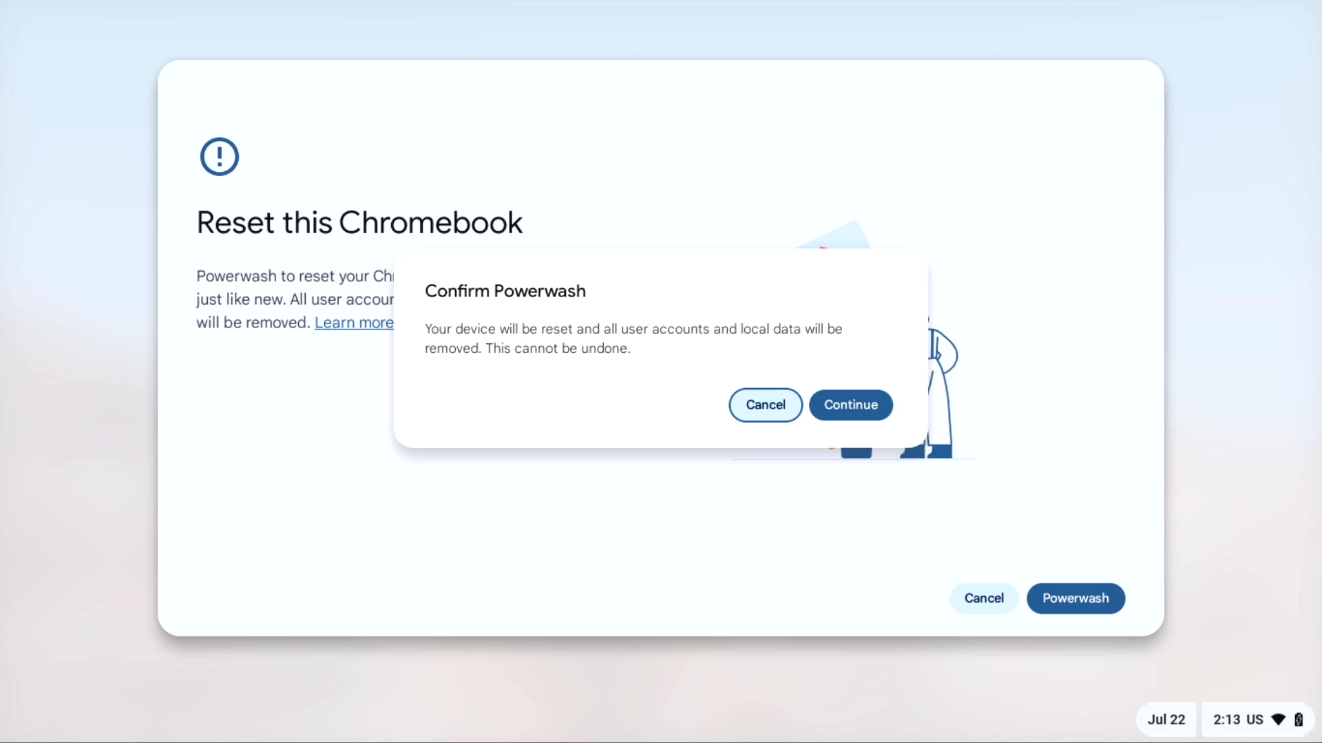 Подтверждение процесса Powerwash на Chromebook.