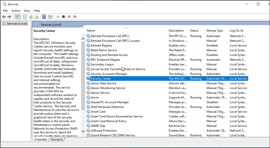 Перезапуск службы Центра безопасности Windows