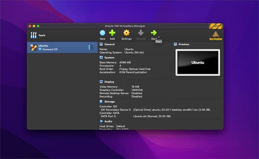 Запуск новой виртуальной машины в VirtualBox