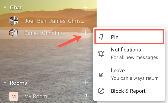 Меню беседы с опцией «Закрепить»