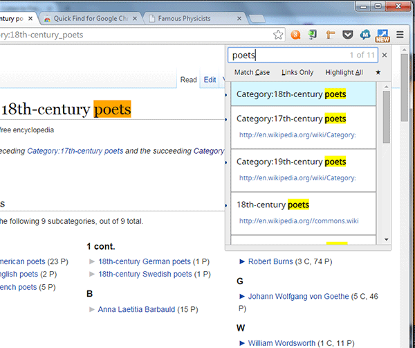 Quick Find filtrant une liste de noms sur Wikipedia