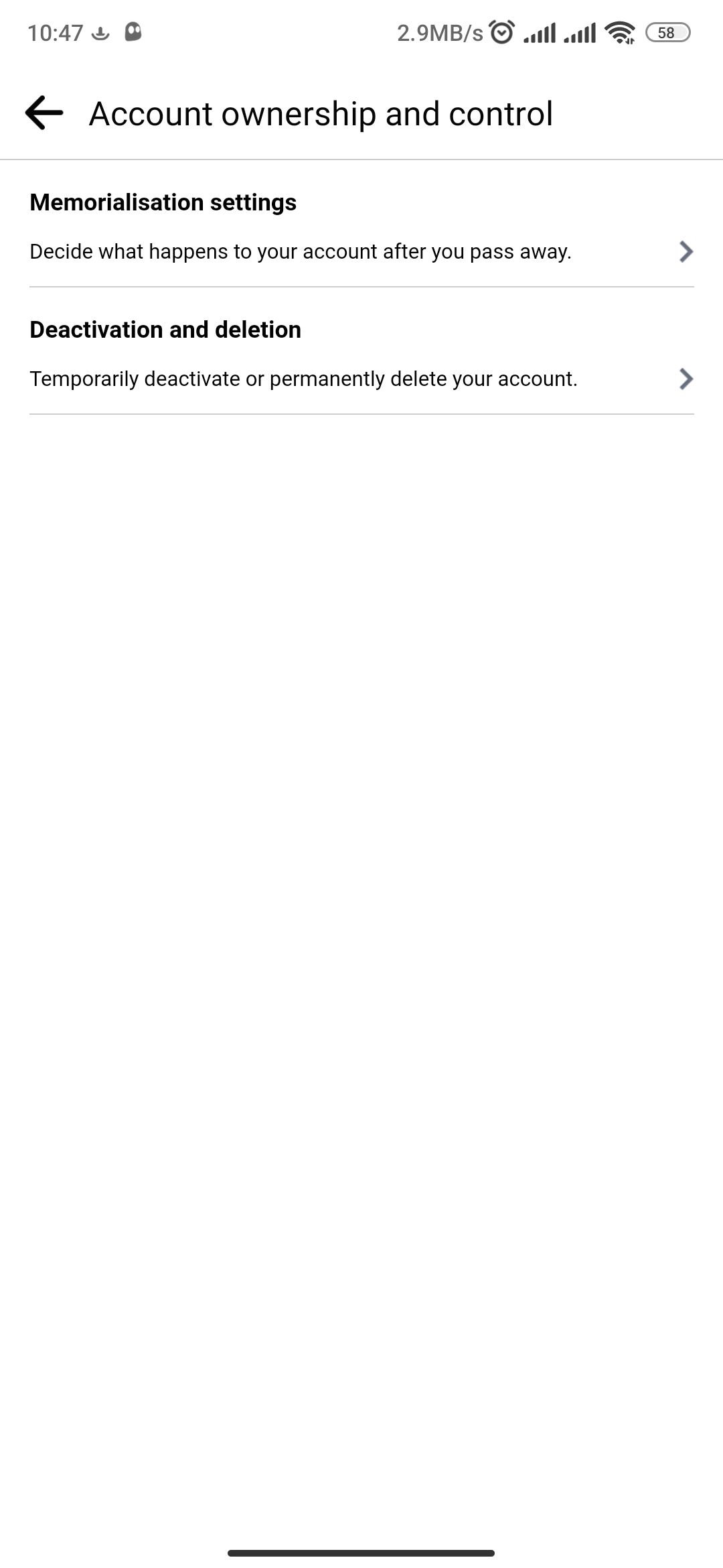 Опции деактивации и удаления аккаунта в Facebook на Android