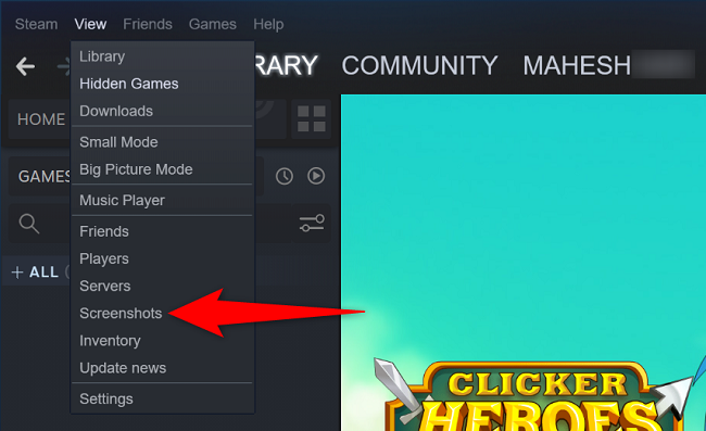 Нажмите View > Screenshots в строке меню Steam.
