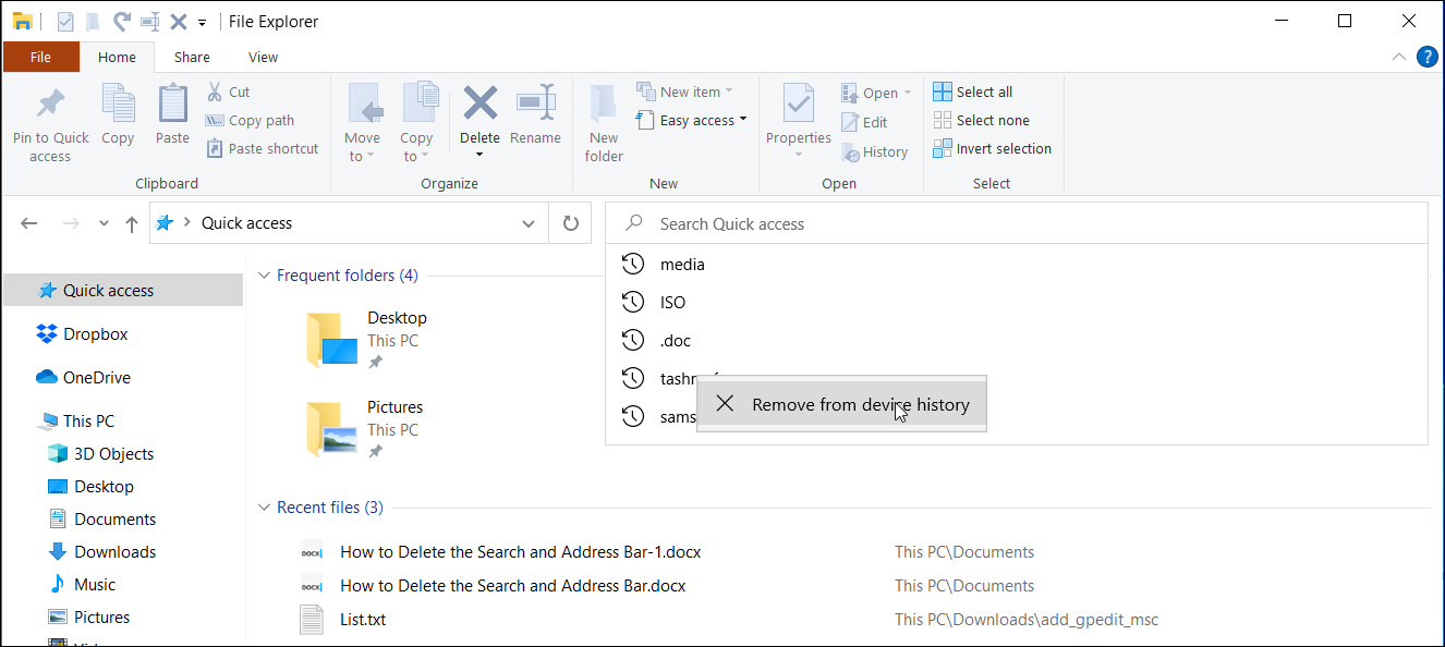 Список недавних поисковых запросов с опцией удалить