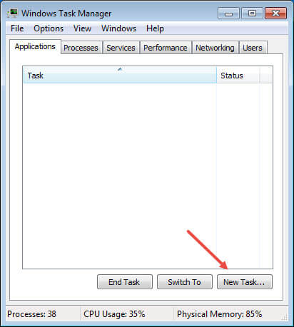 Окно создания новой задачи с командой explorer.exe